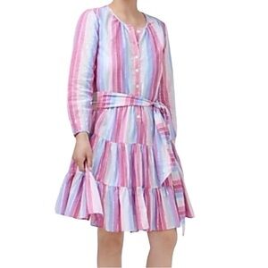 NWT J. Crew Cotton Multicolor Pastel Striped Belted Tiered Ruffle Shirt Dress